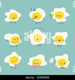 Caratteri uova fritte. Cartoni animati uova cucinate in pose diverse. Simpatici personaggi gastronomici per adesivi, colazione e cena. Mascotte per bambini nowaday Vector Illustrazione Vettoriale