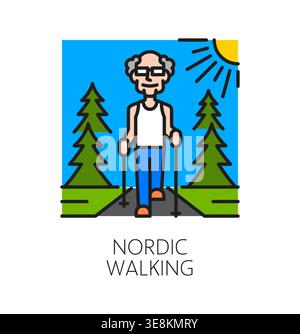 Servizio assistenza anziani nordic Walking icona o simbolo della linea colorata. Pittogramma di aiuto anziani, segno vettoriale del centro di assistenza anziani. Icona del servizio infermieristico per anziani con l'uomo anziano che cammina nella foresta o nel parco Illustrazione Vettoriale