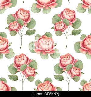 Motivo a ripetizione senza interruzioni con rose rosa disegnate a mano e foglie verdi su sfondo bianco. Elegante design con superficie floreale Foto Stock