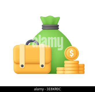 Borsa dei soldi verde, valigetta gialla e monete impilate. Crescita finanziaria, risparmi, business, investimenti, banking, concetto di pianificazione finanziaria e dei profitti. Illustrazione Vettoriale