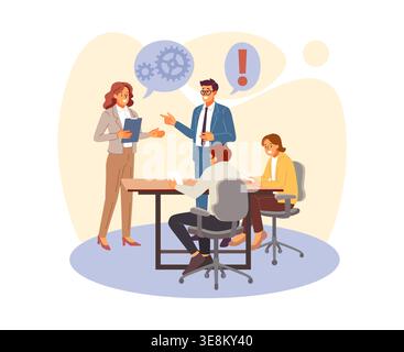 Lavoro di squadra riuscito in ufficio. Riunione aziendale, briefing dei dipendenti, discussione del progetto, collaborazione tra team, comunicazione con i dipendenti, produttività Illustrazione Vettoriale
