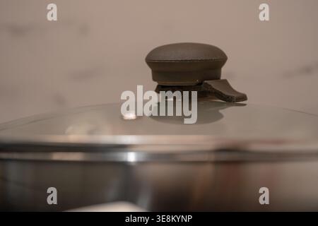 Primo piano della pentola di cottura con coperchio in una luce naturale soffusa. Concentrarsi sulla preparazione dei pasti, sul processo di cottura e sulla routine di cucina. Ideale per ricette, cucina casalinga Foto Stock
