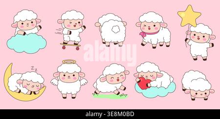 Simpatico adesivo di pecore kawaii con dieci pose con l'angelo della luna nuvola e l'illustrazione vettoriale di cartoni animati a stella su sfondo rosa Illustrazione Vettoriale