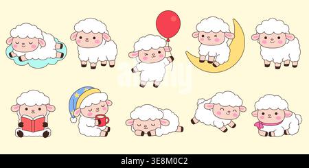 Simpatico adesivo per pecore kawaii con dieci pose con un libro sulla luna di palloncino e illustrazione vettoriale dei cartoni animati di arco su sfondo crema Illustrazione Vettoriale