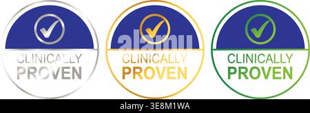 Collezione di badge Seal clinicamente testata blu oro verde per imballaggio e pubblicità Illustrazione Vettoriale