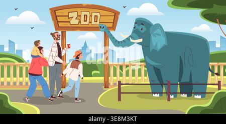 Famiglia allo zoo. Genitori con bambini che visitano il parco zoologico, osservano animali esotici selvaggi dietro la recinzione di viaggi estivi safari scena di animali savana, illustrazioni vettoriali di classe cartoni animati opere d'arte originali Illustrazione Vettoriale