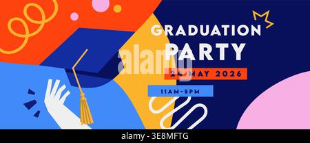 Bandi di celebrazione per la cerimonia di laurea del 2026. Modern Flat Graduate Happy Graduate con mani alzate e fuochi d'artificio su Light Blue B. Illustrazione Vettoriale