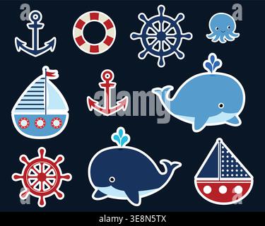 Set nautico sull'oceano con graziosi adesivi vettoriali con balena, barca, timone e ancora per disegni e sfondi per bambini Illustrazione Vettoriale