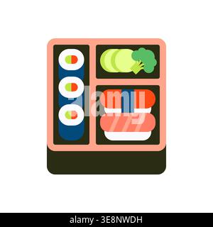 Bento Box Vector giapponese minimalista con sushi Rolls, Nigiri e verdure fresche su sfondo bianco Illustrazione Vettoriale