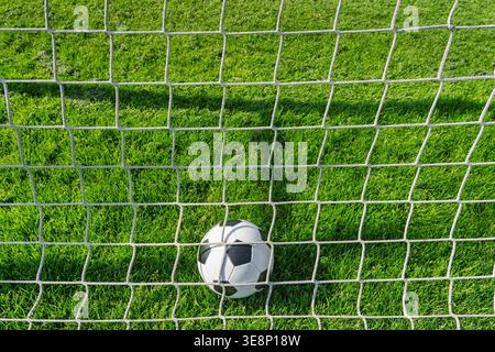 Un pallone da calcio nell'erba verde dello stadio. Foto Stock