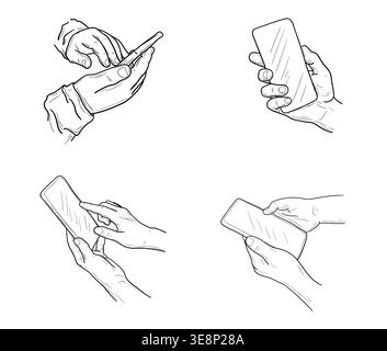 Mani che tengono un telefono, disegnato a mano. Illustrazione vettoriale. Isolato su sfondo bianco. Il telefono è nel palmo della mano e sta digitando un messaggio. Non IA. Illustrazione Vettoriale