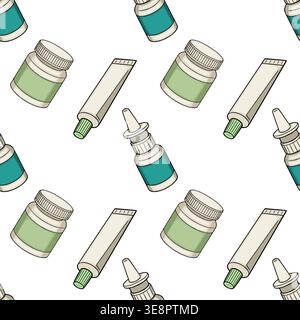 Modello vettoriale senza cuciture di bottiglie e tubi medicali per ambienti sanitari, scientifici e farmaceutici Illustrazione Vettoriale