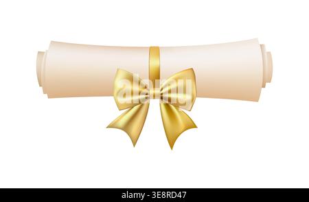 icona di scorrimento del diploma 3d. Diploma con arco d'oro. Illustrazione Vettoriale