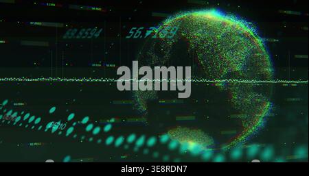 Globo a particelle digitale rotante che visualizza la linea di scansione in HUD, oltre all'arco verde acqua e alle letture numeriche Foto Stock