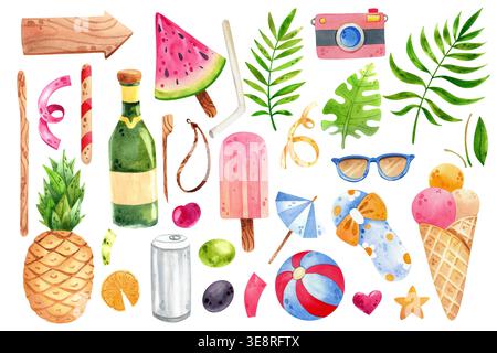 Articoli estivi disegnati a mano: Macchina fotografica, occhiali da sole, gelato. Serie di illustrazioni ad acquerello sul tema della spiaggia, isolata. Icone e adesivi estivi. Un col Foto Stock
