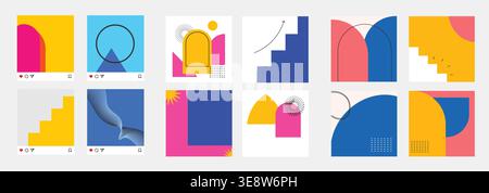 Set di modelli eometrici di post sui social media con forme colorate e composizioni astratte per il branding creativo. Illustrazione Vettoriale