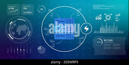 potenza elettrica per server rack per data center con interfaccia dashboard digitale, analisi di calcolo, statistiche di rete globali e artificiali Illustrazione Vettoriale