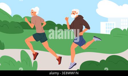 Anziani coppia uomo e donna che si allenano all'aperto. Gente che corre nel parco. Gara di jogging maratona. Sprint in natura. I nonni si allenano. Sport Illustrazione Vettoriale
