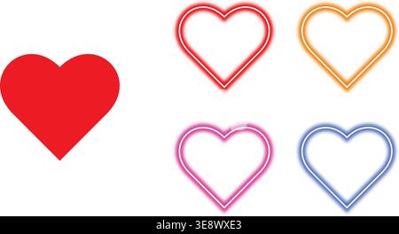 Set di icone al neon, simboli d'amore colorati con effetto luce, collezione di forme del cuore rosso rosa blu arancio Illustrazione Vettoriale