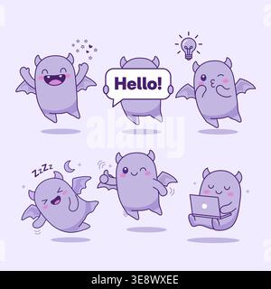Simpatico set di mascotte personaggio mostro pipipistrello viola con varie espressioni e pose Illustrazione Vettoriale