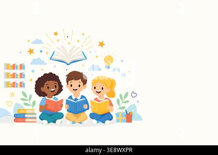 Bambini carini che leggono libri insieme, concetto educativo con bambini felici, apprendimento e illustrazione della conoscenza con elementi scolastici Illustrazione Vettoriale