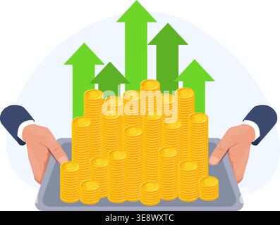 Le mani dei Businessmans tengono il vassoio con pile di monete d'oro e frecce verdi di crescita. Investimenti di successo. Ricchezza finanziaria. Profitto sui depositi bancari Illustrazione Vettoriale