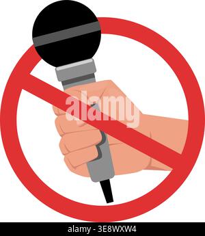Mano con microfono in segno rosso di divieto circolare. Nessuna registrazione o intervista. Restrizione Mike. Divieto di rumore. Interruzione del suono. Silenzio o privacy Illustrazione Vettoriale