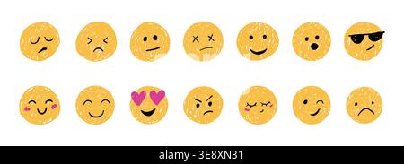 Set emozione di gesso pastello con faccia sorridente. Allegri schizzi avatar arrabbiati. Adesivi al carbone per bambini, espressione del sorriso emoji viso doodle. Illustrazione vettoriale Illustrazione Vettoriale