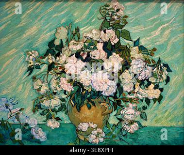 Il dipinto di rose di Vincent van Gogh esposto a Washington D.C. mostra un vaso pieno di fiori bianchi su uno sfondo verde. Foto Stock