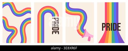 Set di poster queer Pride con onda arcobaleno retrò anni '70 e megafono. Arte murale minimalista LGBTQ Gallery, striscione verticale moderno e raffinato della metà del secolo con Illustrazione Vettoriale