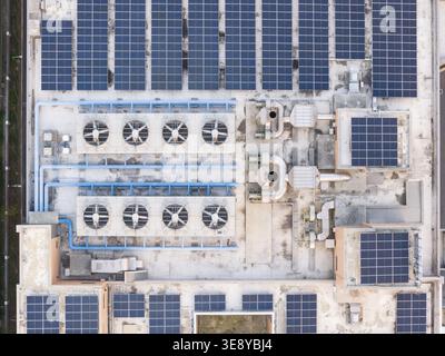 Vista aerea dei pannelli solari e delle unità di raffreddamento HVAC industriali sul tetto di un edificio a Taiwan. Foto Stock