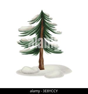 Immagine ad acquerello di un abete innevato con aghi verdi e un tronco marrone su uno sfondo bianco di neve. Questa illustrazione dettagliata Foto Stock