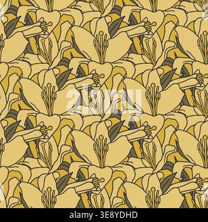 Fiori di giglio disegnati a mano in linea gialla motivo vintage senza cuciture. Carta da parati boho con ripetizione floreale Illustrazione Vettoriale