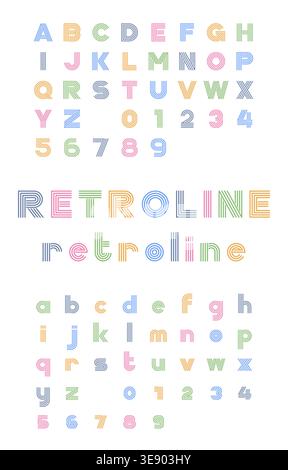 Esempio di carattere pastello RetroLine che mostra l'alfabeto a strisce chiare e i numeri su uno sfondo bianco brillante Illustrazione Vettoriale