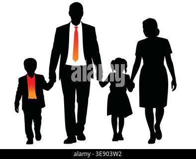 Sagome di una famiglia composta da madre, padre e figli che camminano insieme mano nella mano; genitori felici, infanzia, insieme, amore Illustrazione Vettoriale