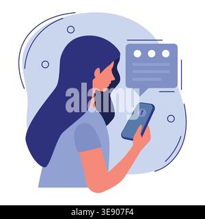 Immagine di una giovane donna con lunghi capelli scuri che tiene in mano uno smartphone, che guarda una bolla di chat con del testo, con un abstract azzurro Illustrazione Vettoriale