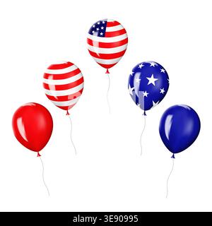 Palloni americani di design patriottico isolati. Bianco, blu, rosso, stelle e strisce Set di palloncini a elio con stampa con motivo a bandiera USA. Festa nazionale degli Stati Uniti Illustrazione Vettoriale