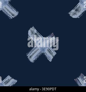 Motivo senza cuciture con tratti di pennello a forma di croce su sfondo blu scuro. Illustrazione acquerello di macchie di vernice grigia in stile grunge Foto Stock