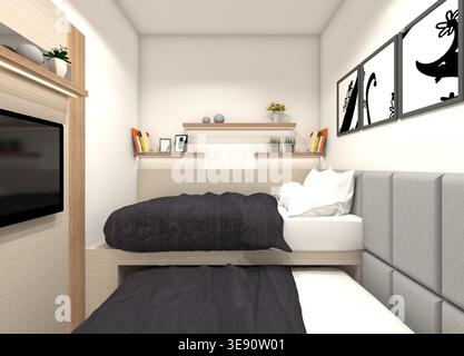 Interni minimalisti in stile semi-giapponese della camera da letto per bambini con mobili in legno chiaro e dettagli imbottiti grigi. Foto Stock
