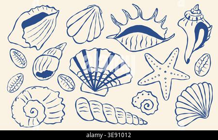 Conchiglie e stelle marine illustrate in inchiostro blu su carta crema Illustrazione Vettoriale