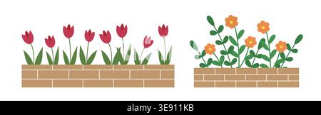 Semplice letto di fiori con set di clipart vettoriali per pareti in mattoni. Bordo del giardino fiorito di primavera. Illustrazione Vettoriale