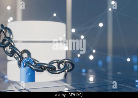 Un'illustrazione concettuale 3D con un simbolo di archiviazione dati cilindrico bianco avvolto in una catena di metallo pesante con un lucchetto blu. Foto Stock