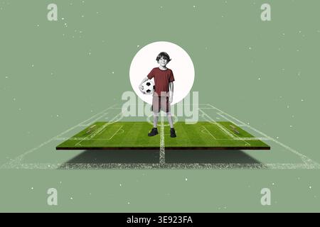 Campo di calcio 3D e un giocatore di calcio per bambini pronto per l'allenamento sullo sfondo gratuito dall'alto - sfondo texture Foto Stock