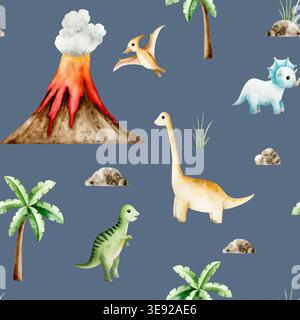 Schema senza cuciture con dinosauri, eruzione vulcanica, palme, sole e nuvole. Acquerello disegnato a mano triceratops preistorico, diplodocus, Spinosaurus Foto Stock