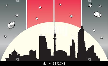 Skyline urbano caratterizzato da grattacieli e una torre televisiva contro un cielo notturno sfumato con stelle e nuvole della pop art Illustrazione Vettoriale