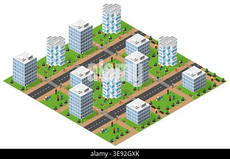 Moderna città isometrica con persone che camminano e si rilassano in un parco Illustrazione Vettoriale