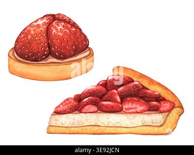 Un set di fette di torta alle fragole e crostata rotonda alle fragole. Illustrazione ad acquerello del dessert alla fragola isolato. Le fragole fresche si accumulano in alto Foto Stock