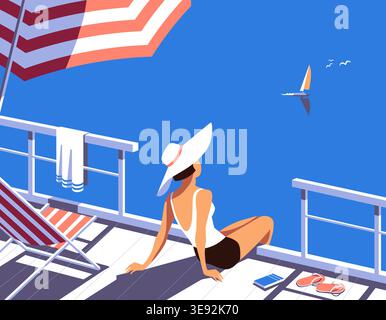 Le donne che indossano il cappello sul ponte della nave da crociera godono di una vista panoramica sull'oceano blu. Paesaggio estivo sul mare. Vacanze estive vacanze estive gite in mare Illustrazione Vettoriale