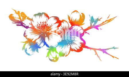 Rami di ciliegio con fiori, sakura colorato isolato su sfondo bianco. Disegnato a mano. Non ai, illustrazione vettoriale. Illustrazione Vettoriale