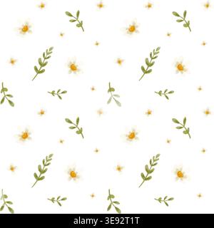 Motivo acquerello senza cuciture con piccoli fiori e foglie verdi su sfondo chiaro Foto Stock